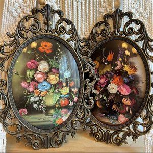 Vintage Set of 2 Framed Oval Floral Convex Bubble Glass Pictures Made in Italy